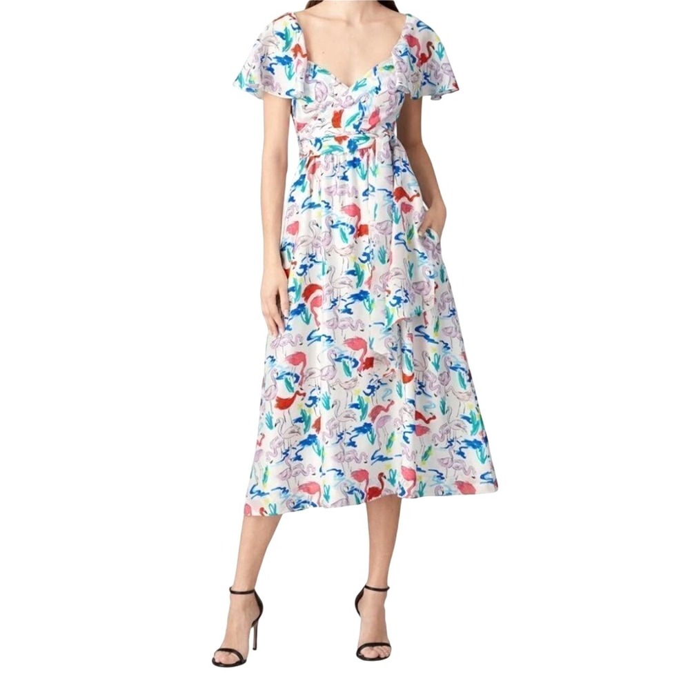 Tanya Taylor Teigan Silk Flamingo Print Wrap Front MIDI Dress 6